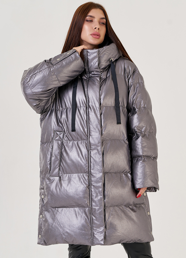 Пуховик оверсайз из искусственной кожи Malina Siberian модель № 79212 меха малина