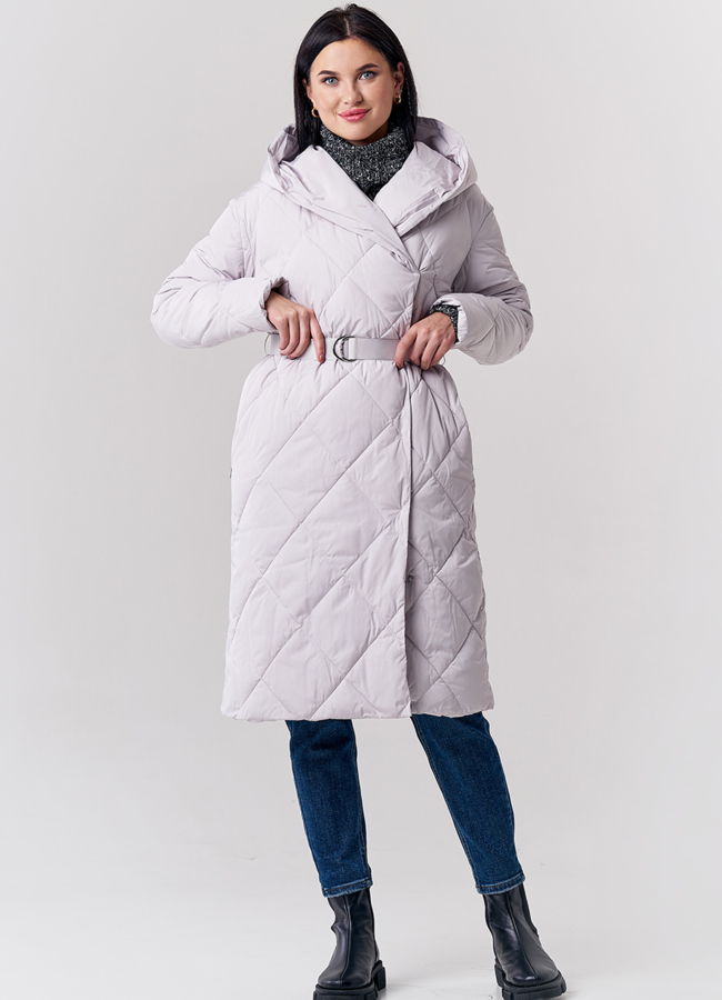 фото Женский пуховик в сером цвете с капюшоном модель № 21681