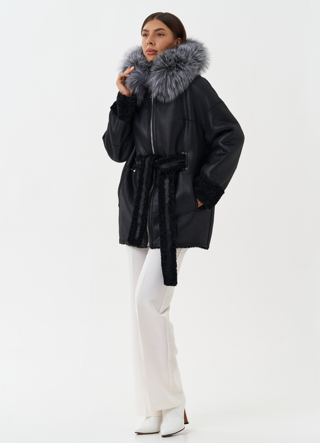 Двухсторонняя дубленка из эко кожи с капюшоном модель № 27772 меха малина