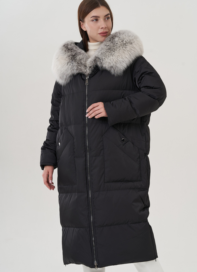 Удлиненный женский пуховик с песцом модель № 25365 универмаг малина