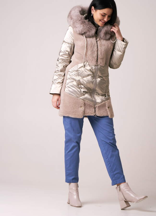 Комбинированный пуховик с шерстью модель № 912 меха малина