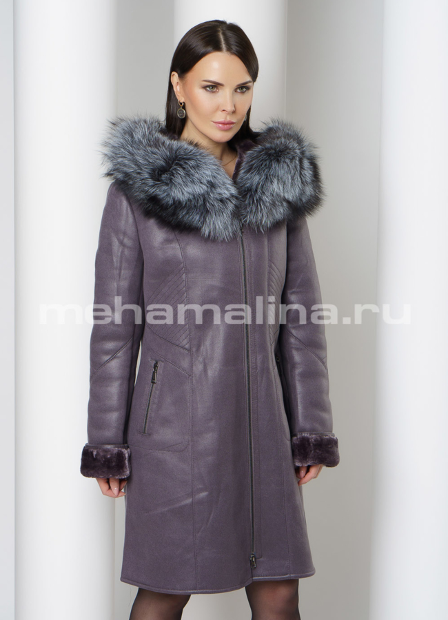 Дубленка эко с отделкой из чернобурки модель № 1806 меха малина