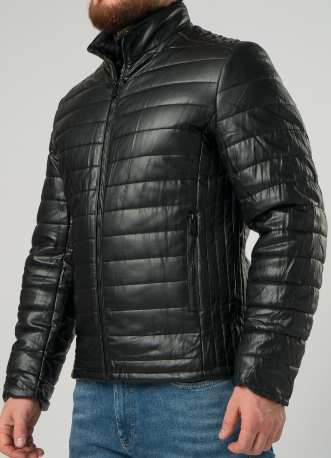 Мужской пуховик из эко кожи черного цвета модель № 21960 универмаг малина