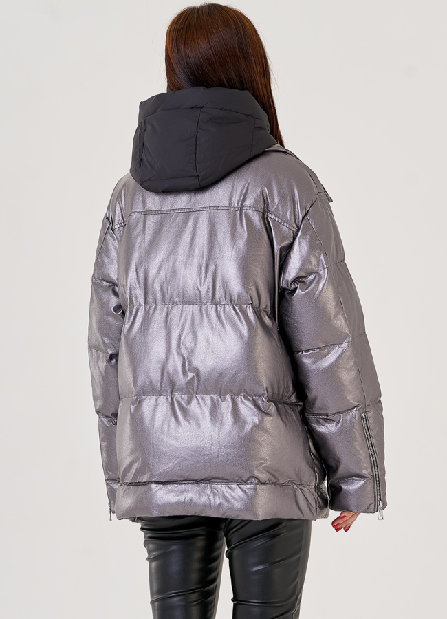 Серебристый пуховик Malina Siberian из эко кожи модель № 79214 в кредит