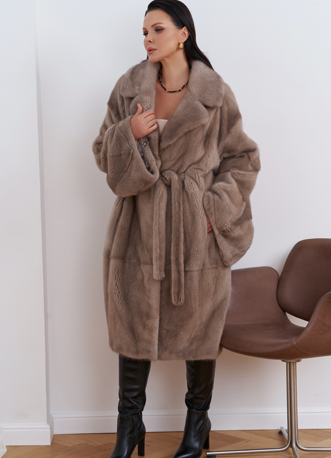 Шуба из меха скандинавской норки с поясом модель № 27612 универмаг малина