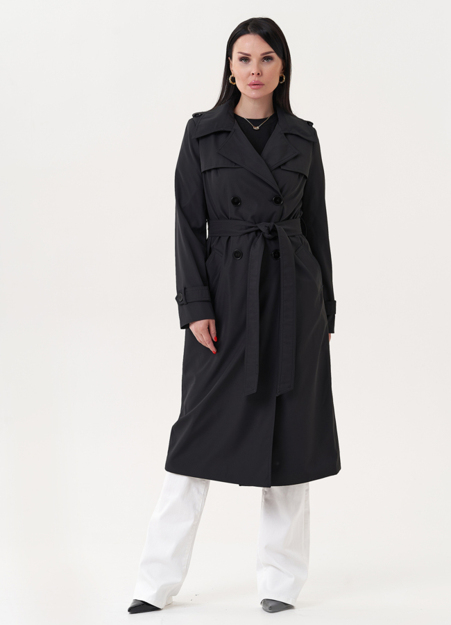 фото Классический плащ черного цвета с английским воротником модель № 27218