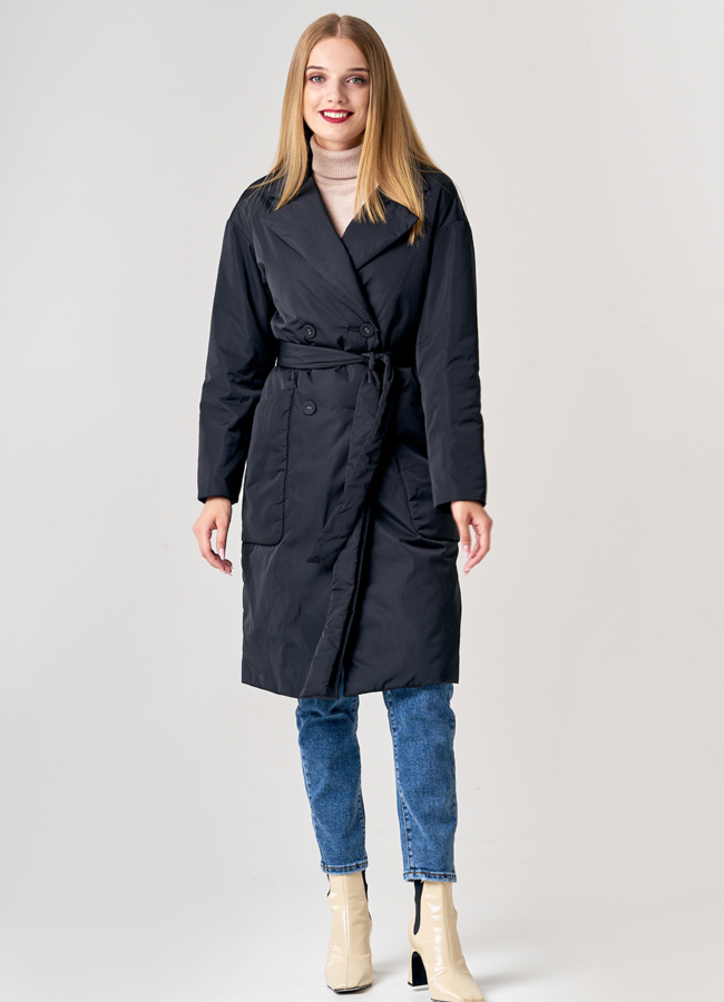 Двубортное плащевое пальто в черном цвете модель № 21156 универмаг малина