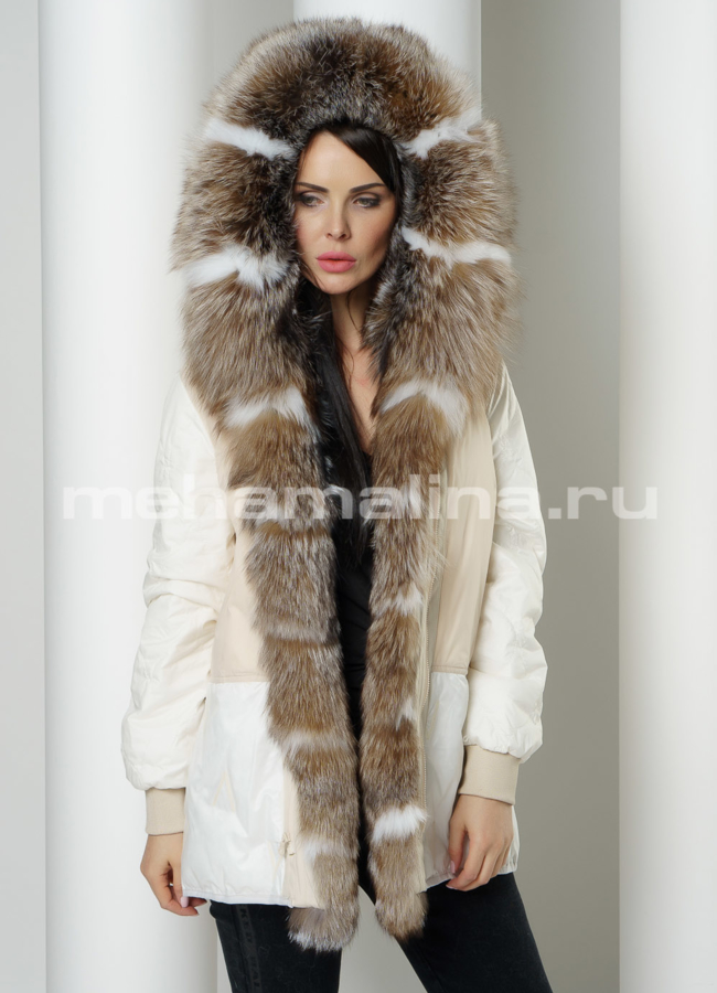 Светлая меховая парка на молнии с капюшоном модель № 972 универмаг малина