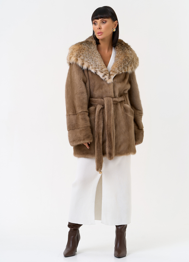 Женская шуба из меха норки с капюшоном из меха рыси модель № 31165 универмаг малина