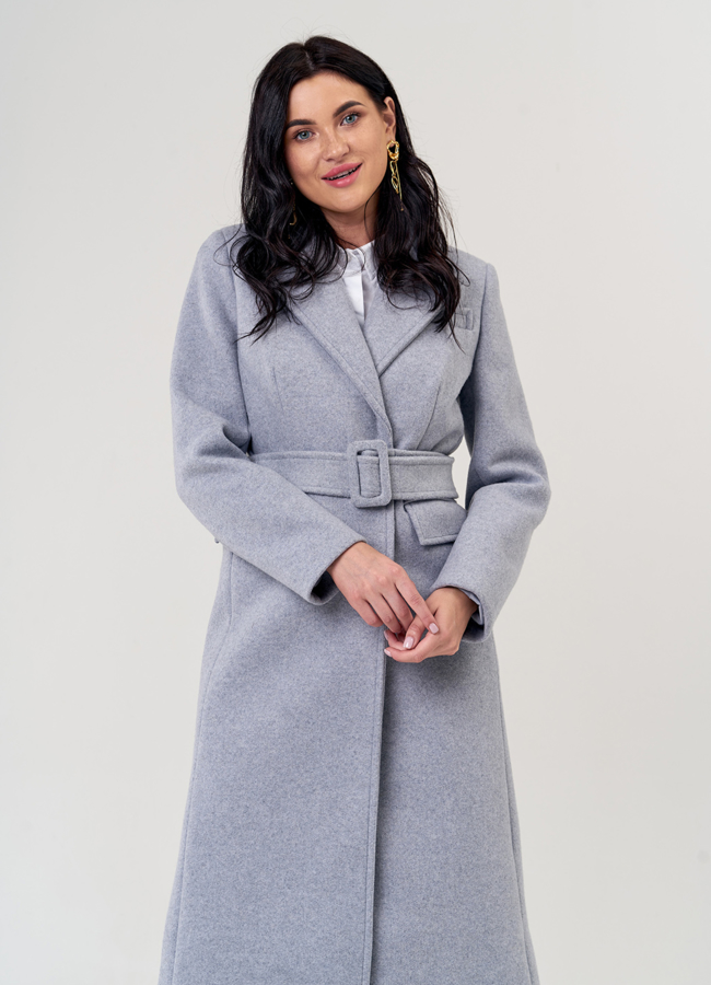Женское пальто серого цвета с английским воротником модель № 20755 в рассрочку
