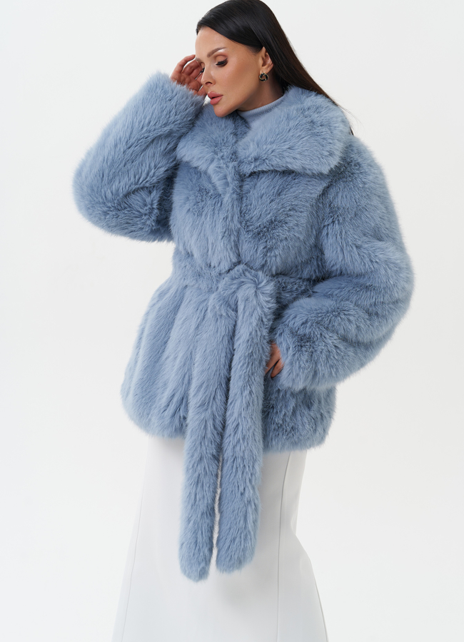 Шуба из эко меха с поясом модель № 27804 в рассрочку