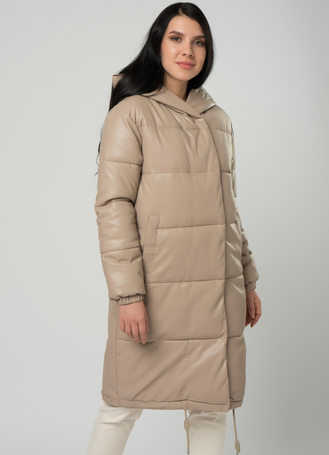 Длинный пуховик из эко кожи модель № 73321 универмаг малина