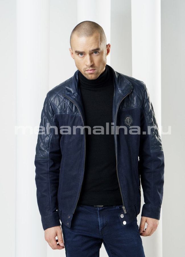фото Кожаная куртка на молнии, цвет синий модель № KP-92