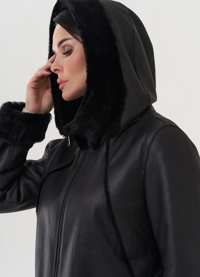 Женская дубленка с капюшоном  модель № 25914 универмаг малина