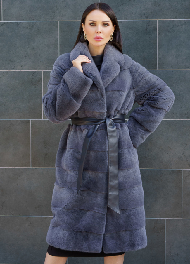 Норковая шуба из скандинавской норки с поясом модель № 18560 меха малина