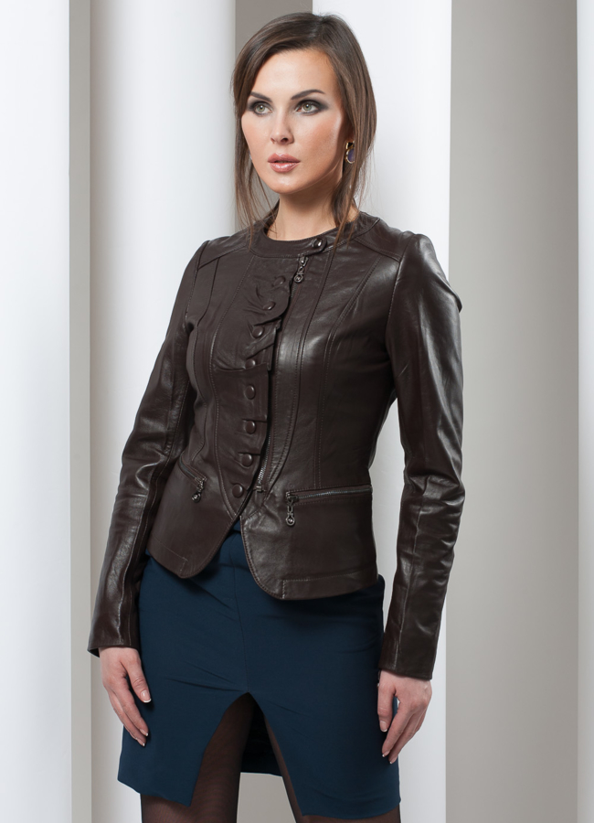 фото Кожаный жакет на молнии, цвет кофейный модель № K-112