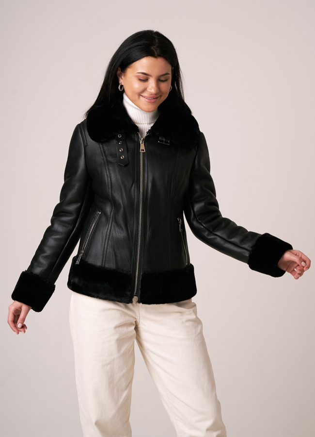 фото Дубленка из эко кожи черного цвета модель № 20322