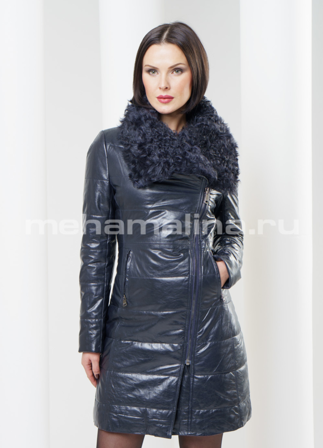 фото Кожаный френч утепленный, цвет синий модель № K-259