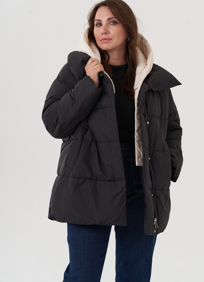 фото Женский пуховик с капюшоном черного цвета  модель № 25566