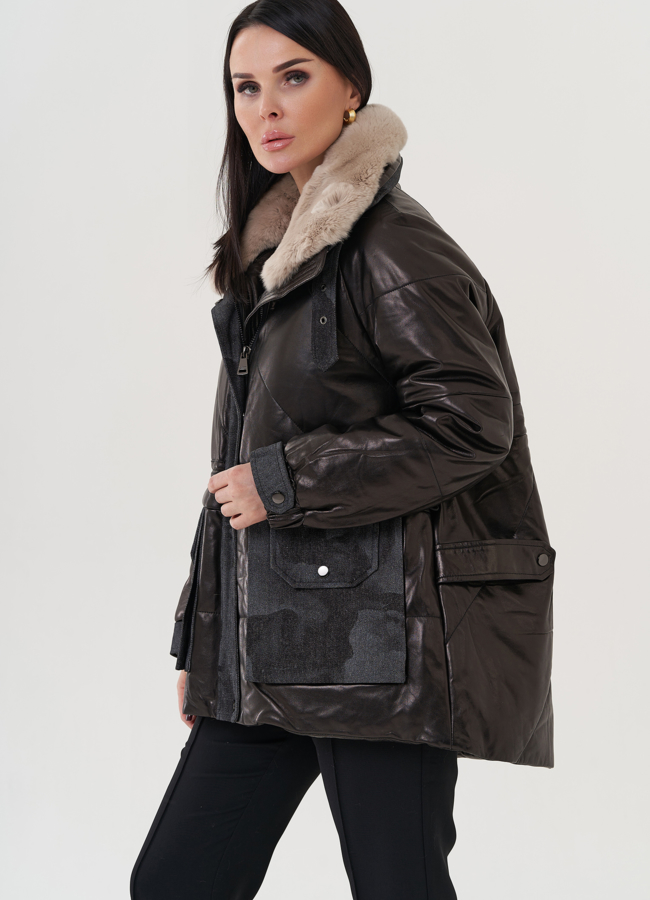 Полупальто из натуральной кожи с отделкой из меха песца  модель № 25381 в кредит