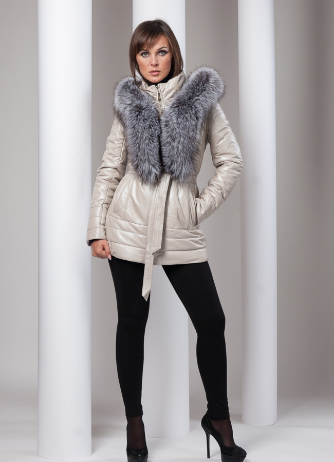 Кожаный пуховик модель № П-14 меха малина