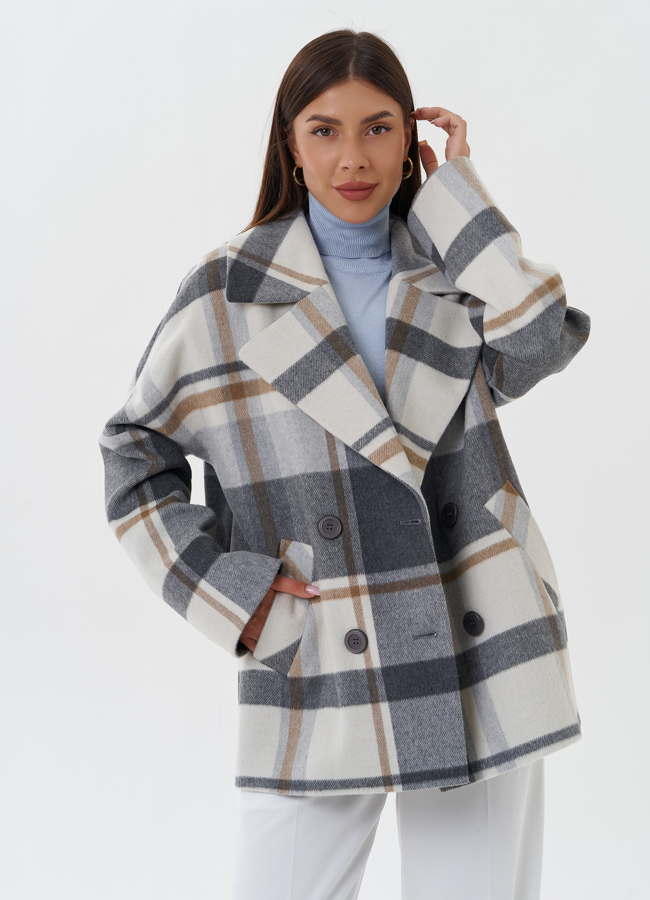 фото Укороченное пальто с принтом клетка модель № 27674