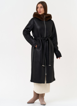 Женская дубленка из эко замши с поясом Женская дубленка из эко замши с поясом