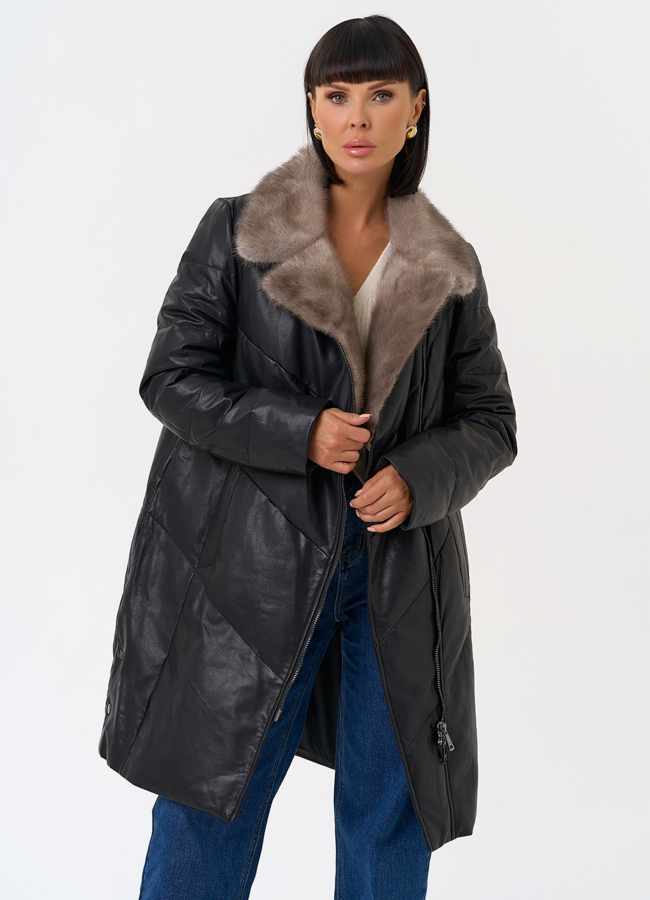 фото Пуховик из натуральной кожи с воротником из меха норки модель № 31566 фото Пуховик из натуральной кожи с воротником из меха норки модель № 31566