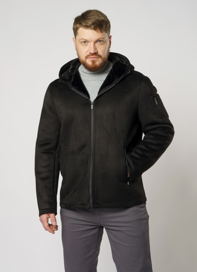 Эко дубленка на молнии с капюшоном модель № 850 меха малина