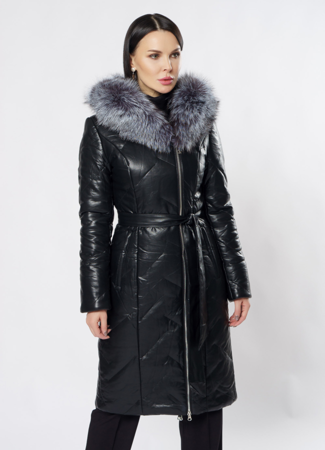 Удлиненный пуховик из эко кожи с капюшоном модель № 19346 в рассрочку