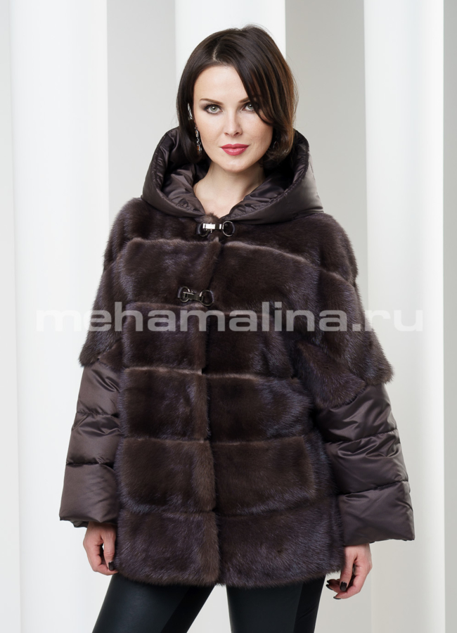 фото Шуба из норки с рукавами и капюшоном с пуховым наполнением модель № S-188