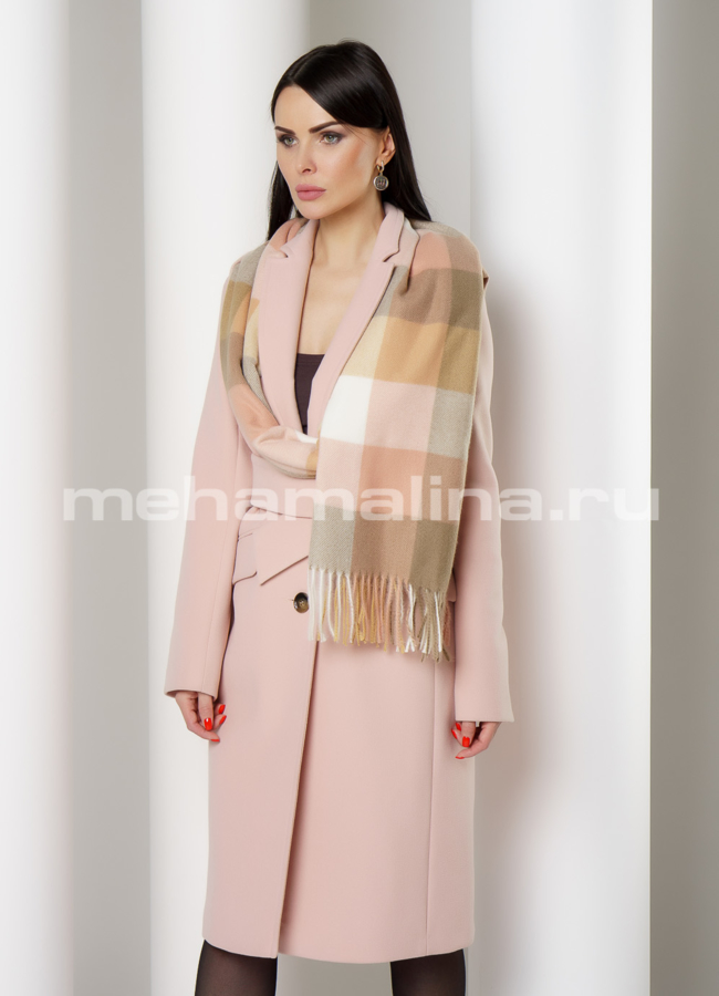 Пальто приталенное, розового цвета, на пуговицах с поясом модель № 4973 меха малина