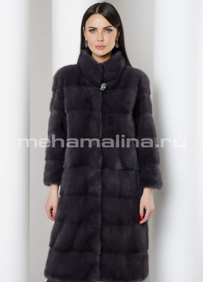 фото Норковая шуба поперечная в цвете графит со стойкой модель № S-780