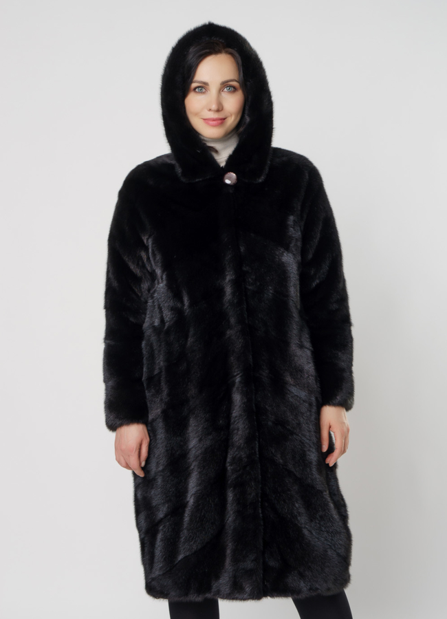 Черная норковая шуба с капюшоном модель № 381 универмаг малина