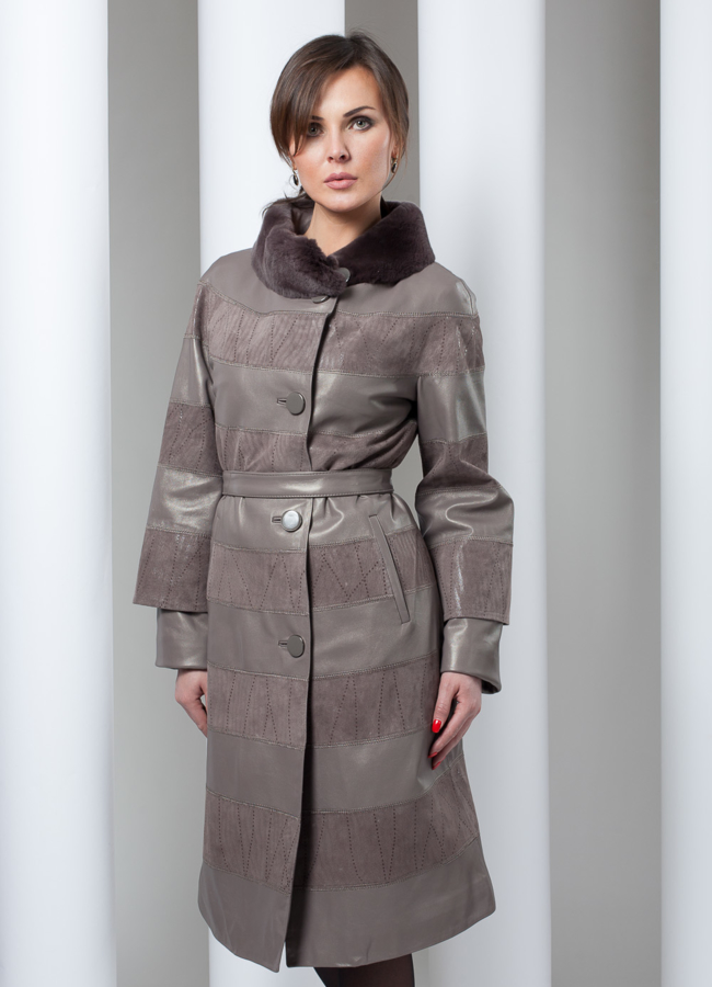 Кожаное пальто из комбинированной кожи/замши модель № K-67 меха малина