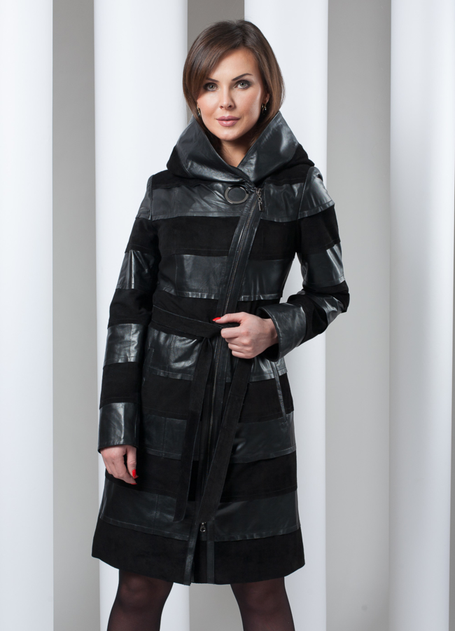 Кожаный плащ с капюшоном кожа/замша модель № K-73 меха малина