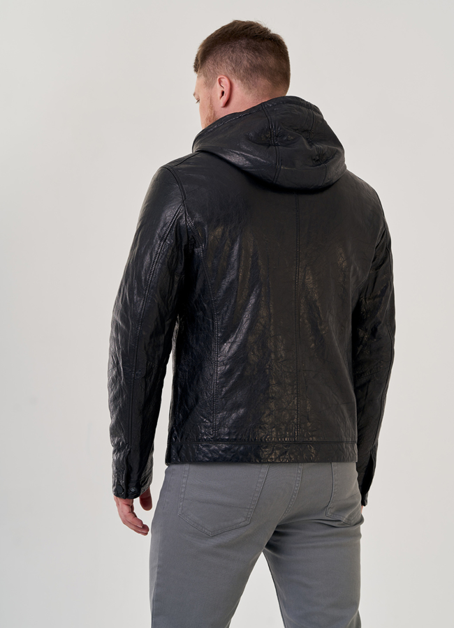 Мужская кожаная куртка с капюшоном модель № 80596 универмаг малина