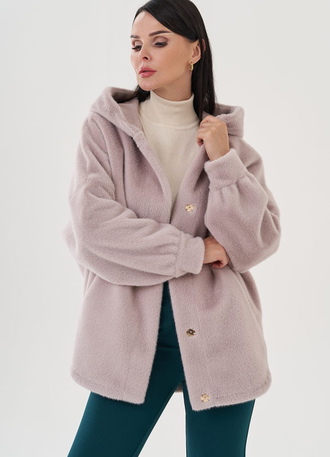 Женское полупальто с капюшоном  модель № 24723 меха малина