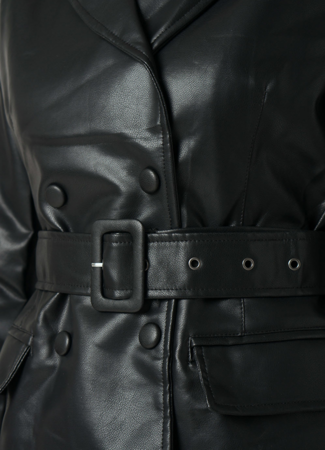 Женский пиджак черного цвета с поясом из эко кожи модель № 22408 универмаг малина