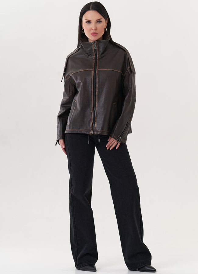 фото Кожаная куртка коричневого цвета модель № 26845