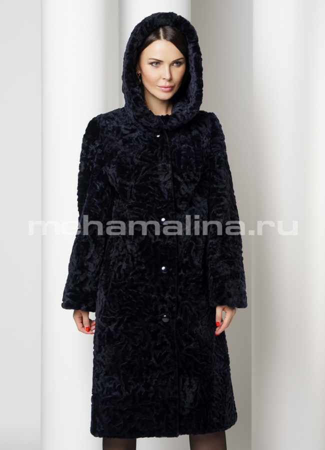 фото Мутоновая шуба расклешенная на пуговицах с капюшоном синего цвета модель № S-738