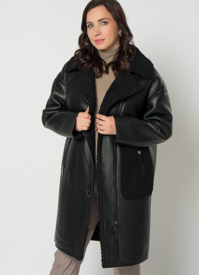 Дубленка из эко кожи черного цвета на молнии модель № 18265 универмаг малина