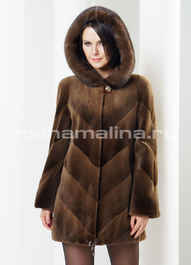фото Шуба нутрия с капюшоном отделка норка модель № S-248