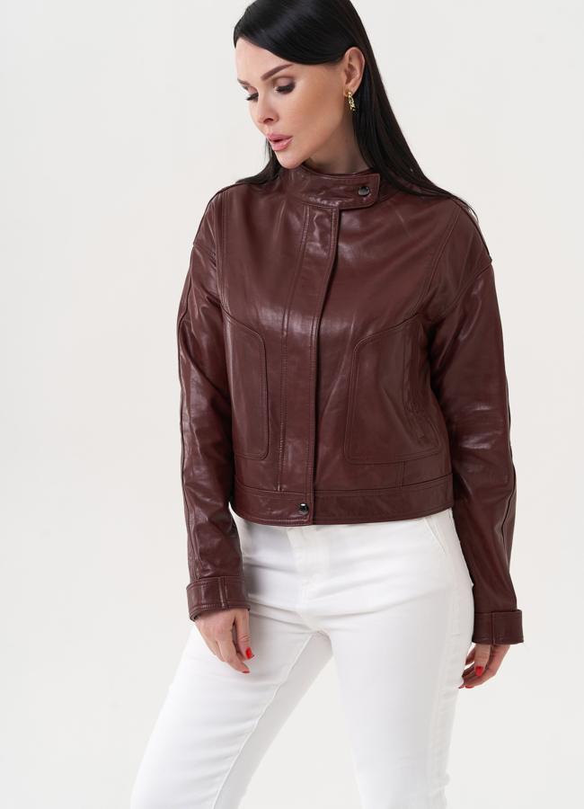 Куртка бордового цвета из натуральной кожи модель № 27221 меха малина