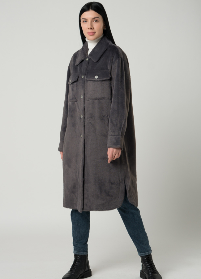 фото Женское пальто-рубашка темно-серого цвета модель № 22437