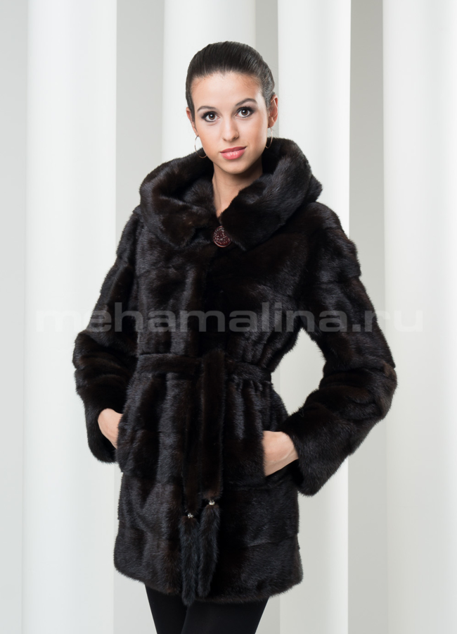 Шуба норка автоледи, махагон/черная модель № S-119 меха малина