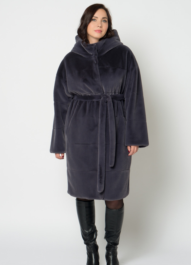 фото Двухстороннее полупальто из эко меха с капюшоном модель № 19075