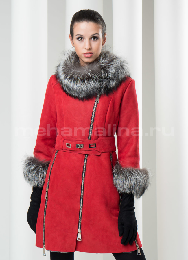 фото Дубленка воротник-стойка, цвет коралл модель № D-89