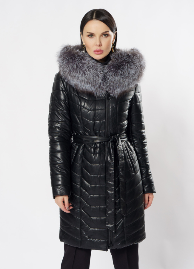 Пуховик из эко кожи черного цвета модель № 9801 меха малина
