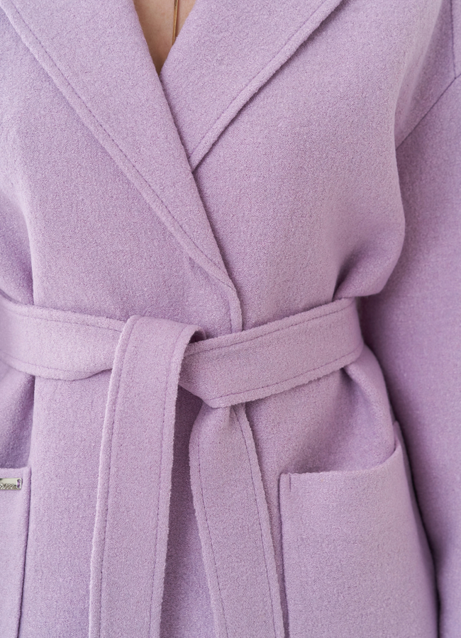Пальто фиолетового цвета под пояс модель № 26718 универмаг малина